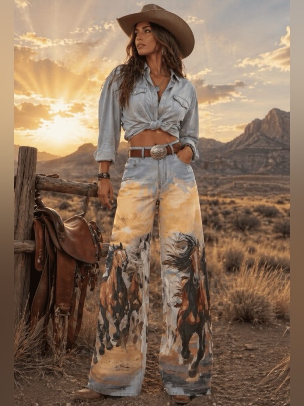 Denim washed horse equestrian print boho wide leg western flare bohemian jeans